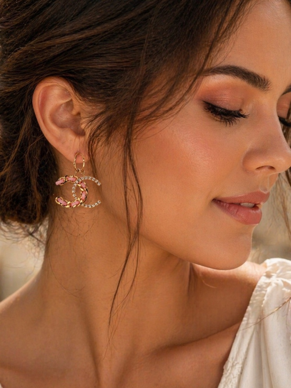 Gold Rhinestone Hoop Earrings Pink Chain Statement Dangle Jewelry